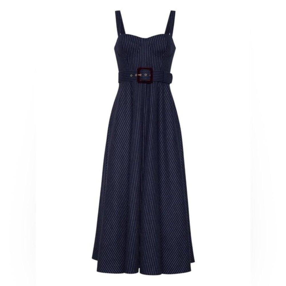 NEW Cara Cara Calypso Belt Bustier Midi Dress Navy Chalk Pin Stripe US 6 UK 10 - Picture 3 of 14